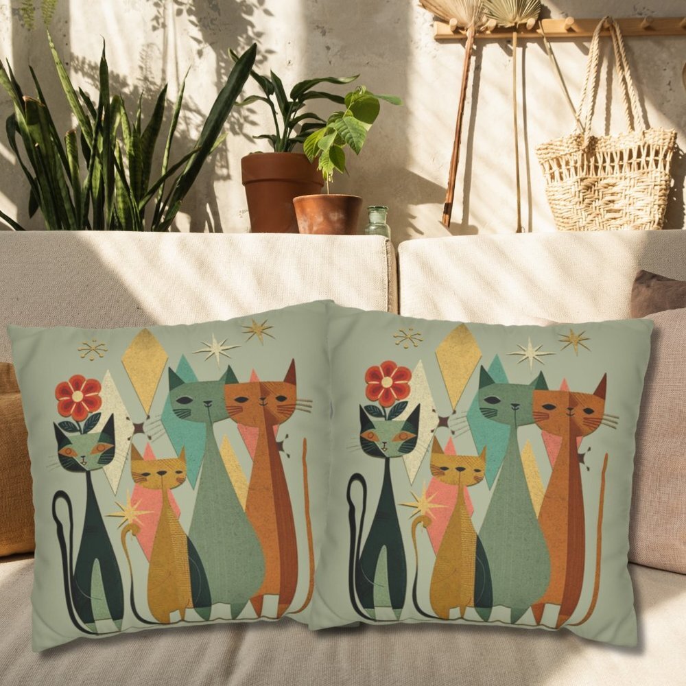 Set of Retro Cat Pillow Cases Size 14" x 14", Cute Cat Pillows, Accent P…